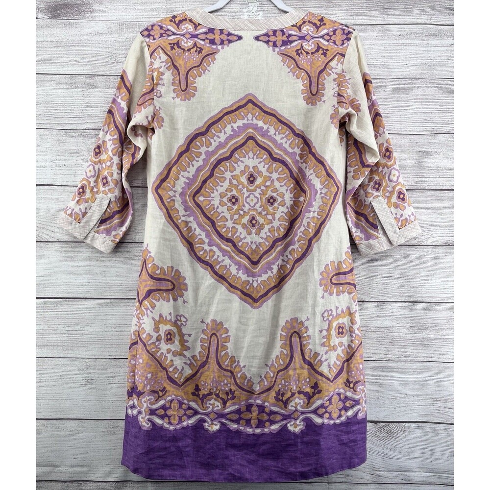 J.Crew Bazaar 100% Linen Boho Tunic Mini Dress V-Neck Size 2‎ Geometric Print - Picture 2 of 6